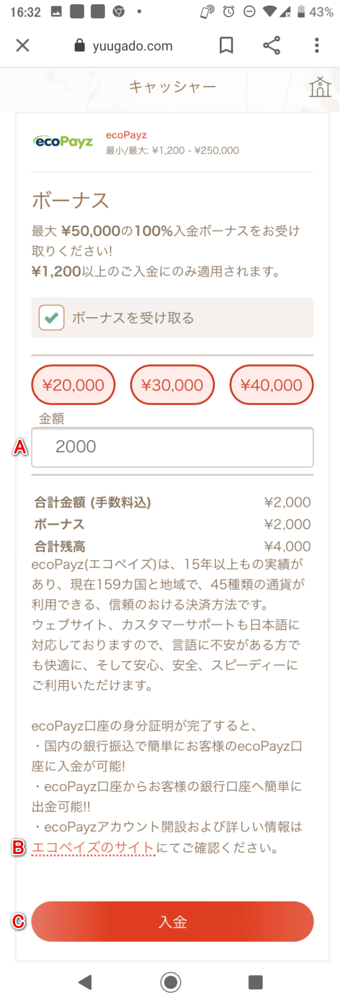 遊雅堂（yuugado）スマートフォンでのecoPayzによる入金イメージ