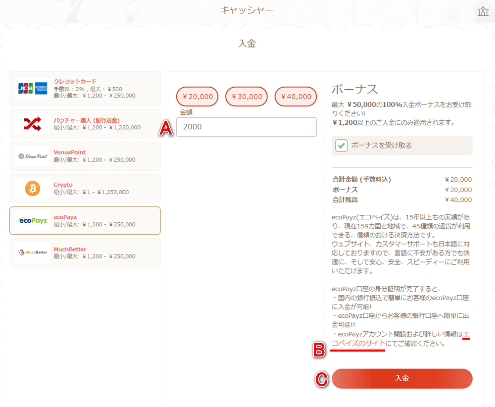 遊雅堂（yuugado）パソコンでのecoPayzによる入金イメージ